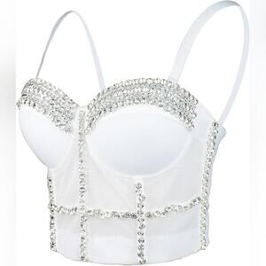 NWOT Ellacci White Diamond Bustier Crop Top Corset Bralet w Detachable Strap, L